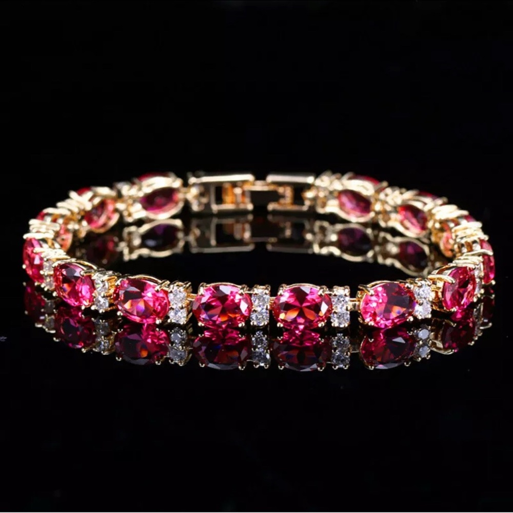 18KT Gold Plated Ruby Diamond Cubic Zirconia Tennis Bracelet